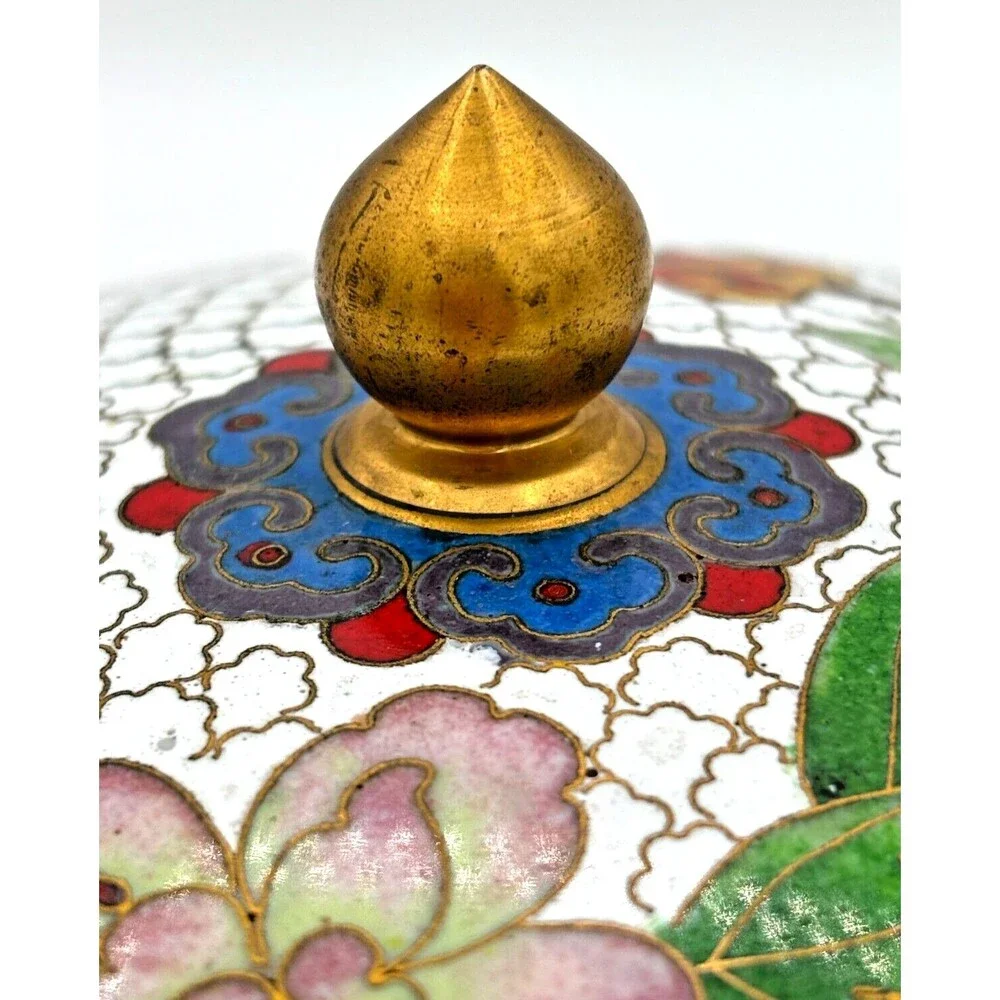 Vintage Chinese Cloisonné Enamel on Bronze Lidded Bowl Trinket Dish‎ Floral Teal